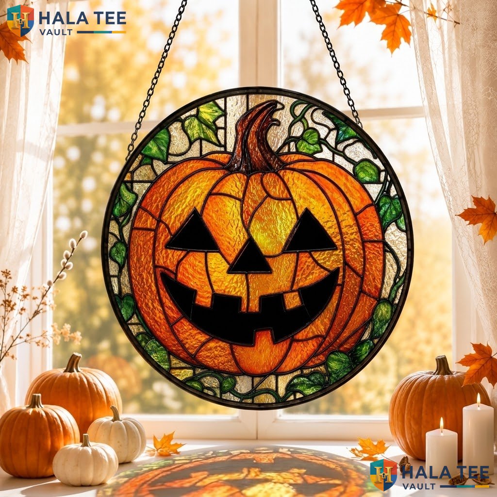 Vintage Pumpkin Halloween Stained Glass Suncatcher Gothic Spooky Home Accent Adult
