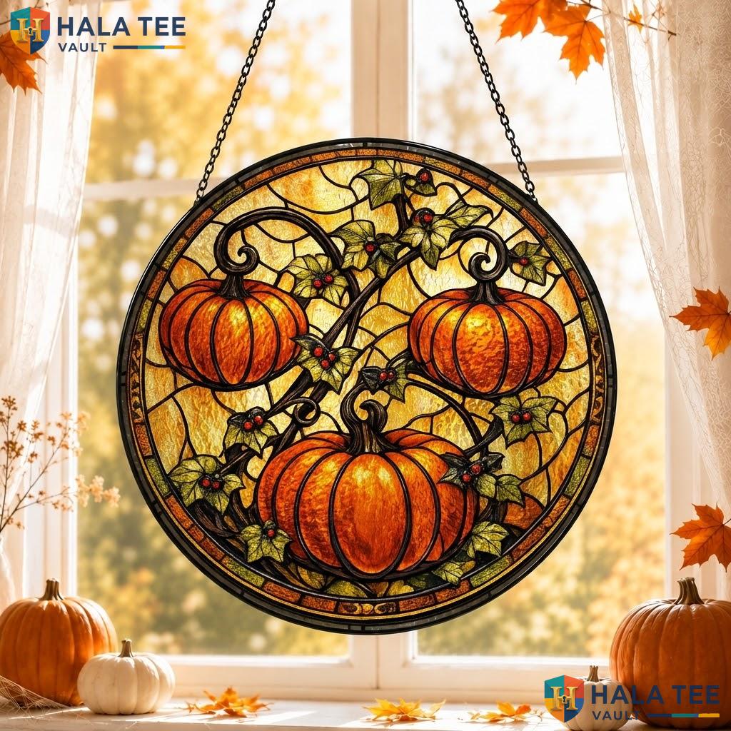 Vintage Pumpkin Stained Glass Suncatcher, Autumn Wall Decor With Orange Pumpkins