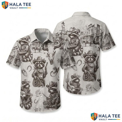 Vintage Raccoon Cowboy Hawaiian Shirt Funny Casual Button Down Summer Top