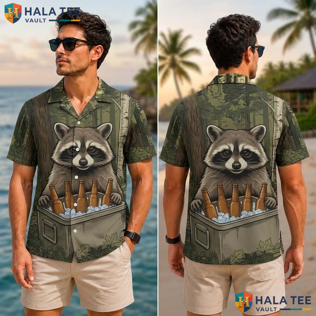 Vintage Raccoon Outdoor Tropical Shirt Funny Casual Summer Button Down Apparel