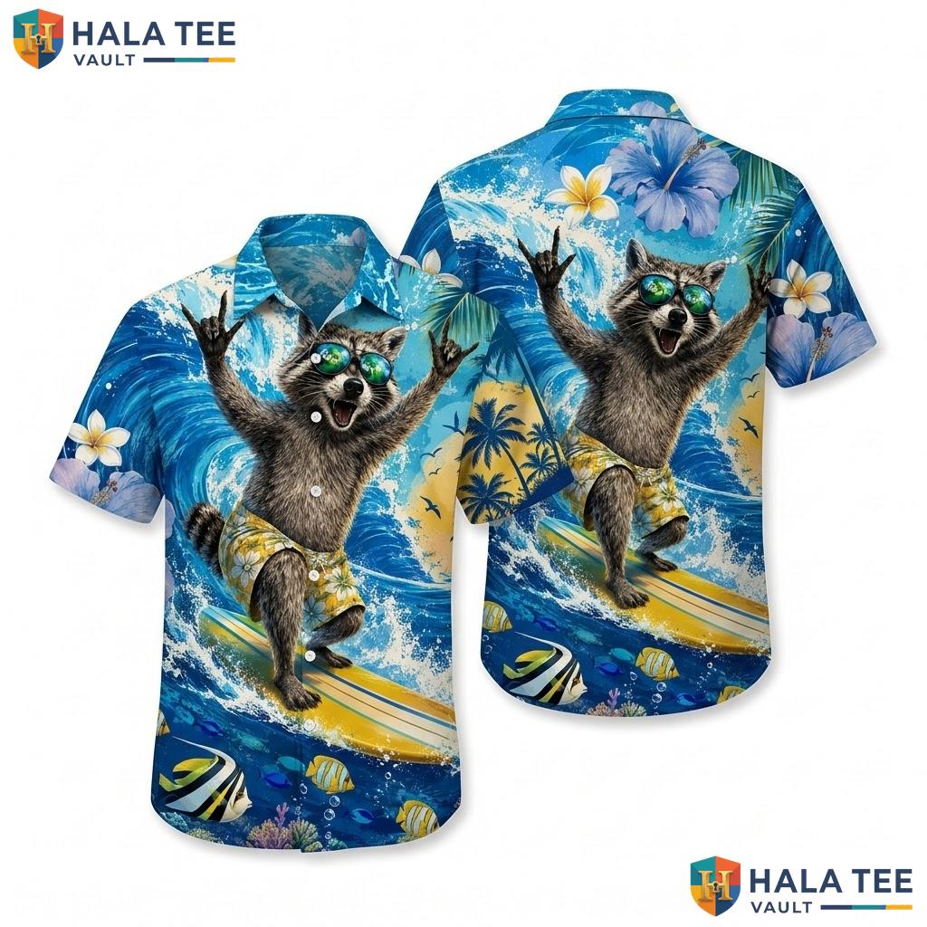 Vintage Raccoon Surfing Aloha Shirt Mens Tropical Floral Summer Beach Party