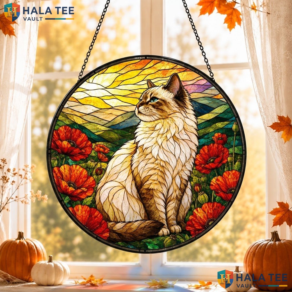 Vintage Ragdoll Cat Halloween Stained Glass Suncatcher Autumn Poppy Ornament