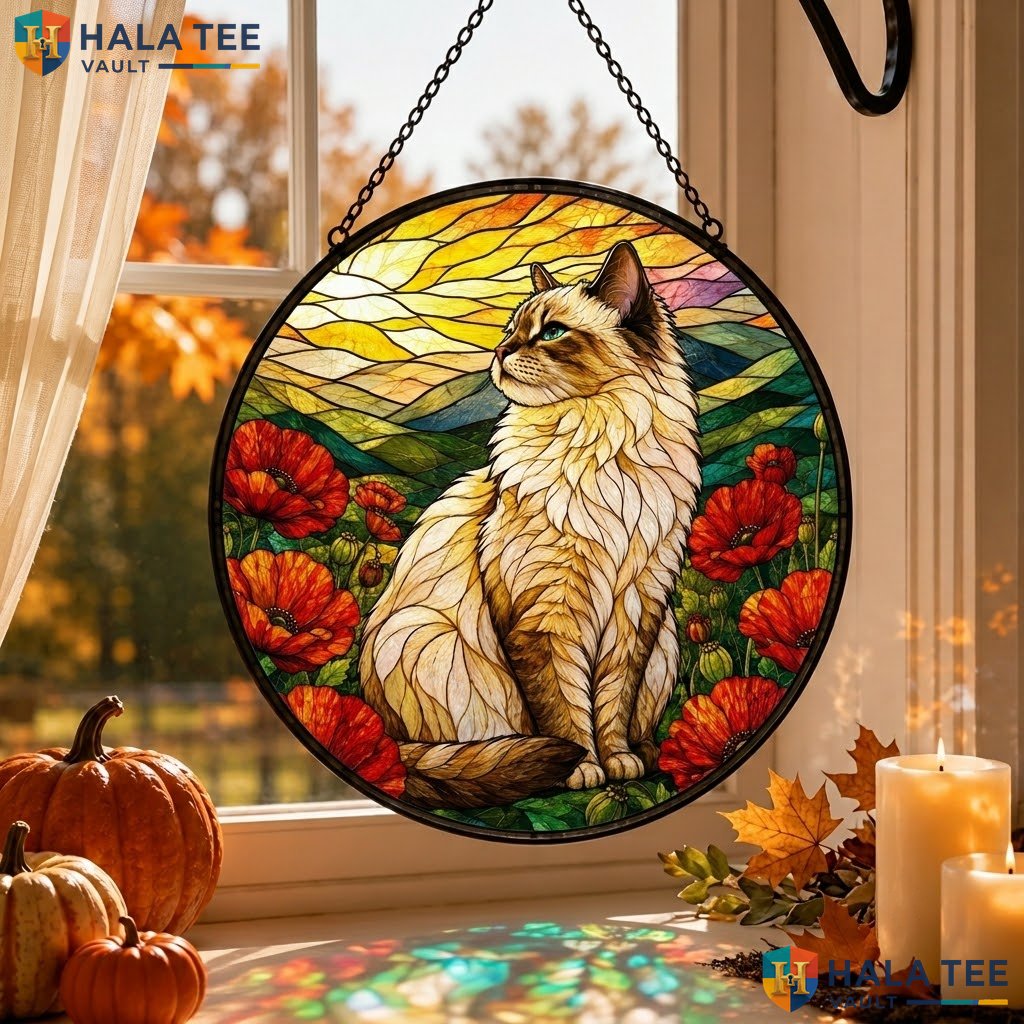 Vintage Ragdoll Cat Halloween Stained Glass Suncatcher Autumn Poppy Ornament Adult
