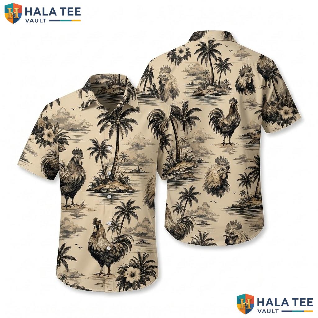 Vintage Rooster Tropical Hawaiian Shirt Mens Short Sleeve Summer Beach Top