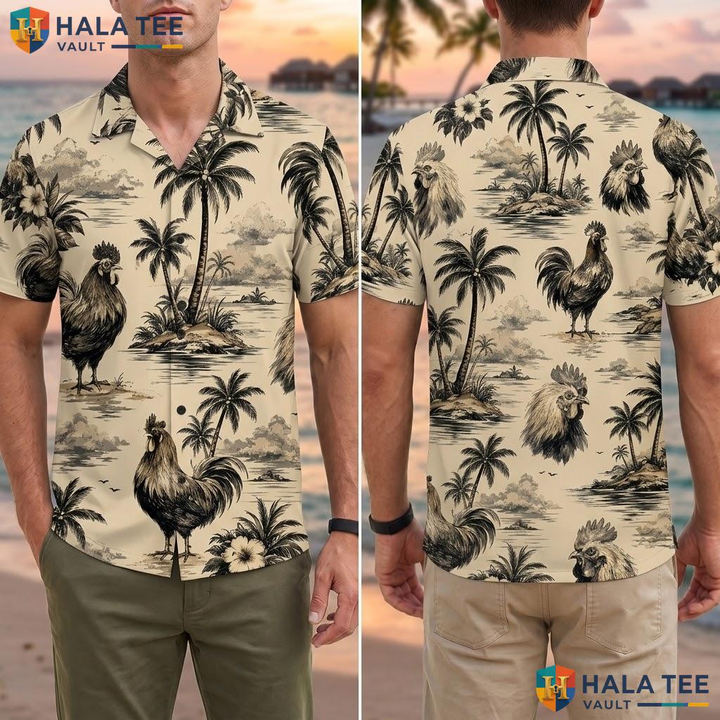 Vintage Rooster Tropical Hawaiian Shirt Mens Short Sleeve Summer Beach Top Adult