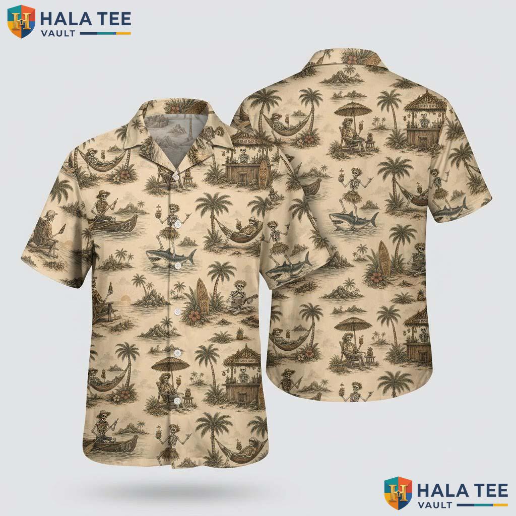 Vintage Shark Halloween Hawaiian Shirt Skeleton Palm Tree Aloha Top