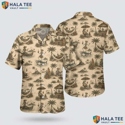 Vintage Shark Halloween Hawaiian Shirt Skeleton Palm Tree Aloha Top