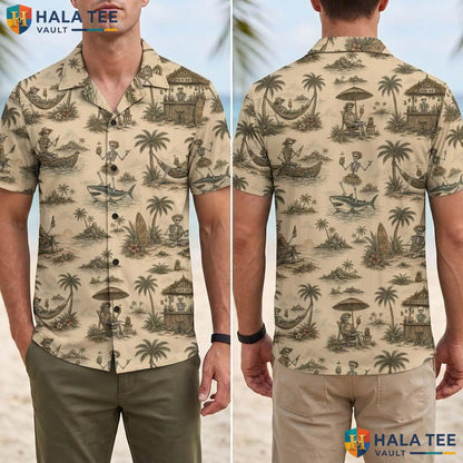 Vintage Shark Halloween Hawaiian Shirt Skeleton Palm Tree Aloha Top Adult