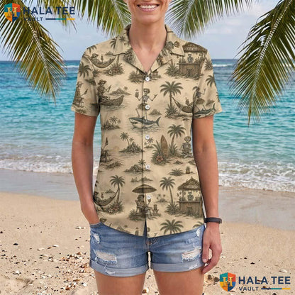 Vintage Shark Halloween Hawaiian Shirt Skeleton Palm Tree Aloha Top Adult