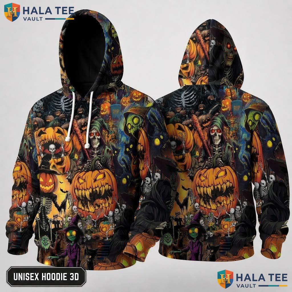 Vintage Skeleton Horse 3D Hoodie Spooky Pumpkin Graphic Halloween Top