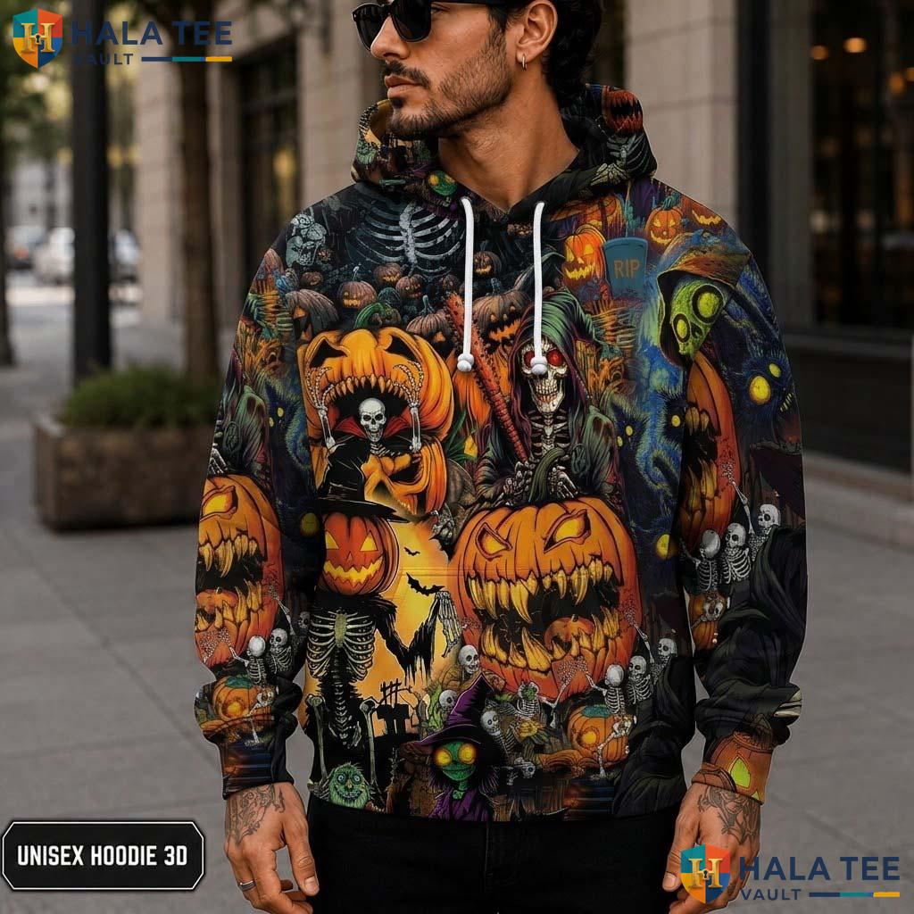 Vintage Skeleton Horse 3D Printed Hoodie Spooky Pumpkin Graphic Halloween Top