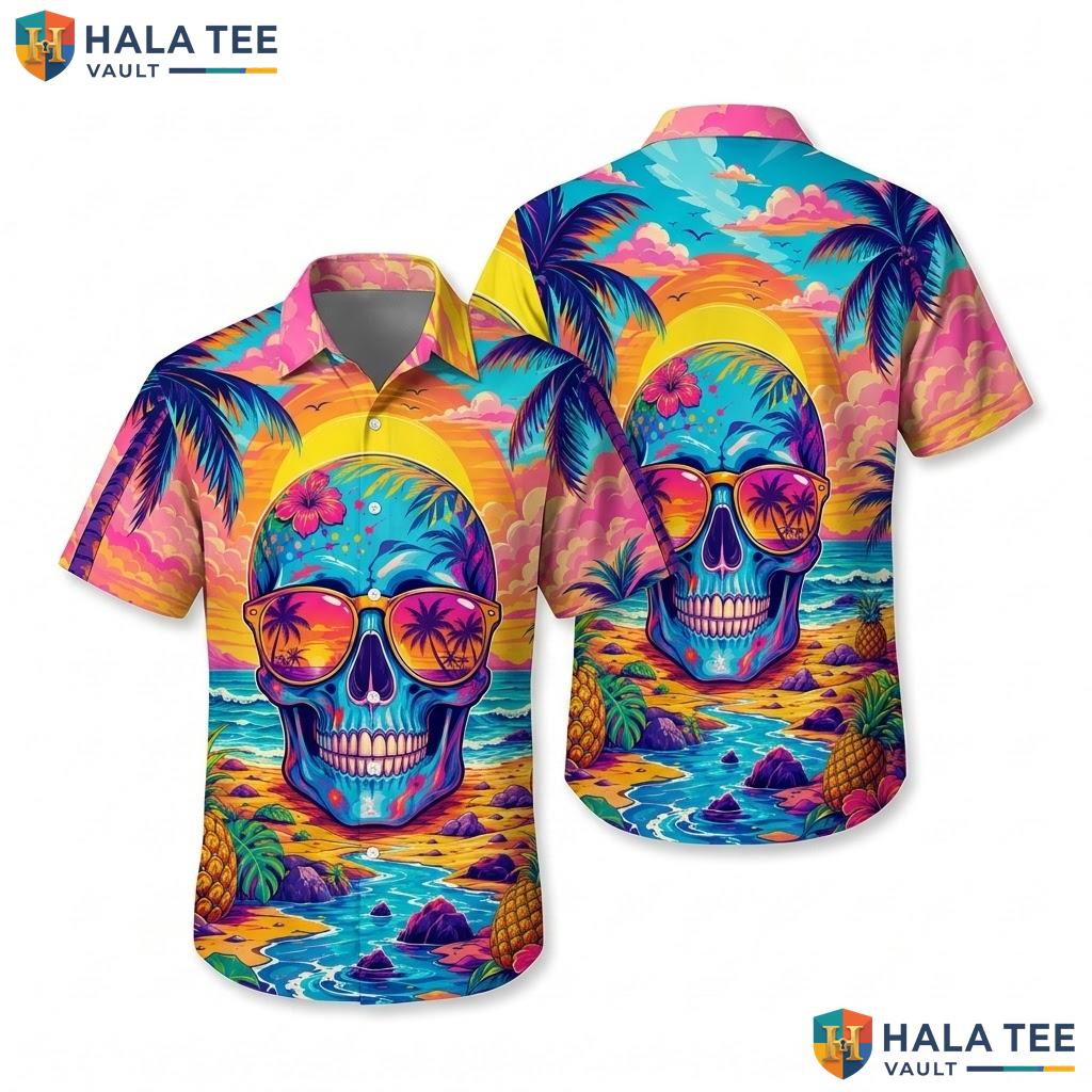 Vintage Skull Beach Hawaiian Shirt Bold Graphic Print Tropical Vacation