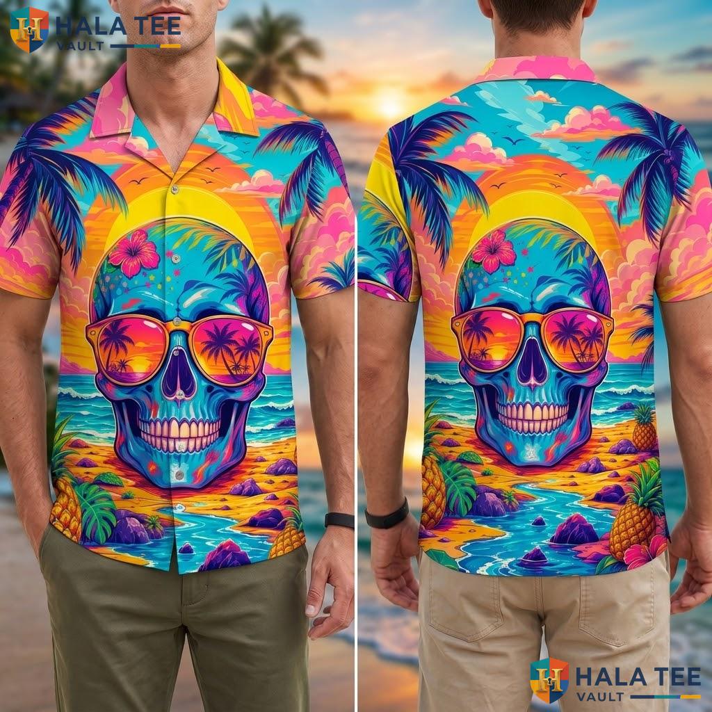 Vintage Skull Beach Hawaiian Shirt Bold Graphic Print Tropical Vacation Adult
