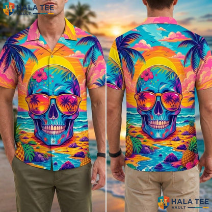 Vintage Skull Beach Hawaiian Shirt Bold Graphic Print Tropical Vacation Adult