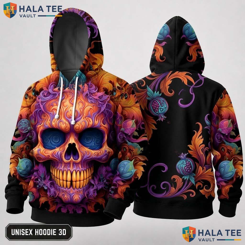 Vintage Skull Floral 3D Hoodie Vibrant Orange Intricate Graphic Top