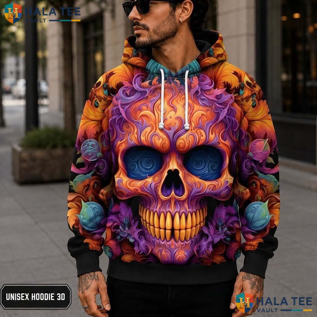 Vintage Skull Floral 3D Printed Hoodie Vibrant Orange Intricate Graphic Top