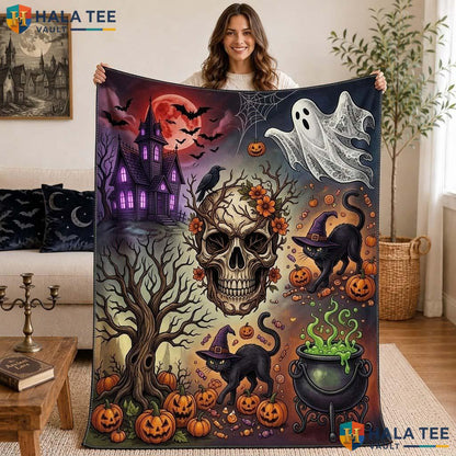 Vintage Skull Halloween Blanket Custom Name Ghost Pumpkin Cozy Throw