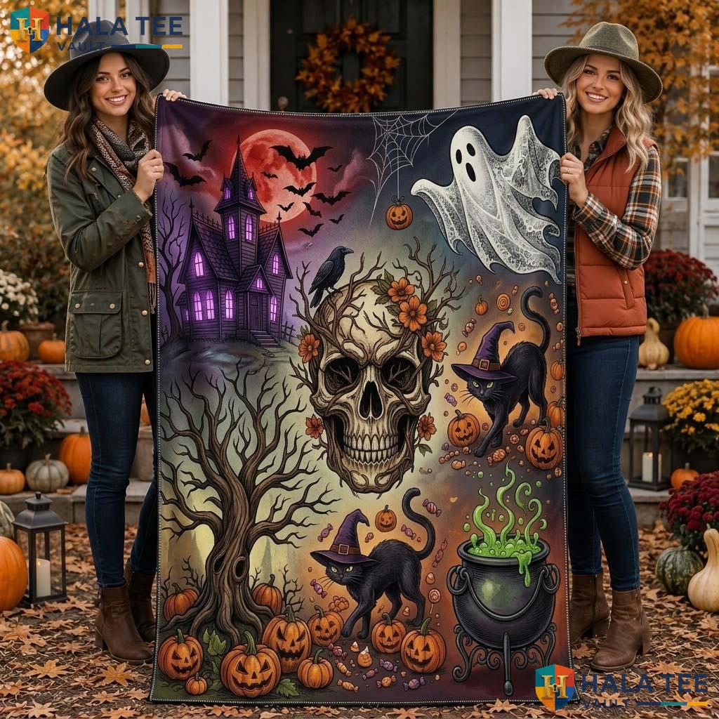 Vintage Skull Halloween Blanket Custom Name Ghost Pumpkin Cozy Throw