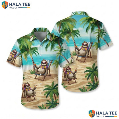 Vintage Sloth Tropical Hawaiian Shirt Funny Beach Chair Palm Tree Button Up