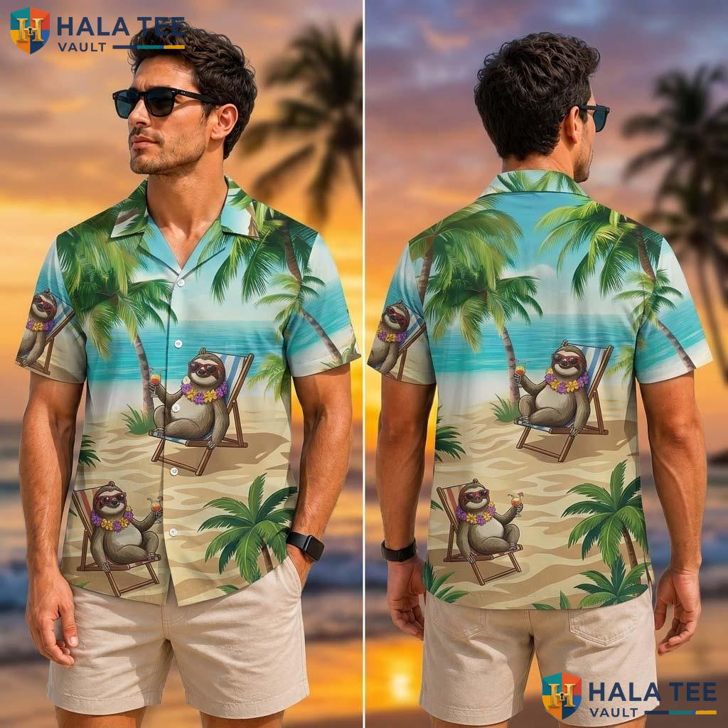 Vintage Sloth Tropical Tropical Shirt Funny Beach Chair Palm Tree Button Up