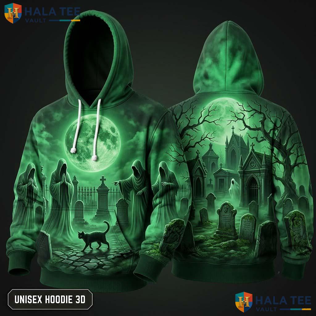Vintage Spooky Ghost Scene 3D Hoodie Cute Black Cat Graphic Halloween