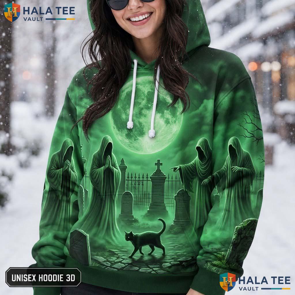 Vintage Spooky Ghost Scene 3D Printed Hoodie Cute Black Cat Graphic Halloween