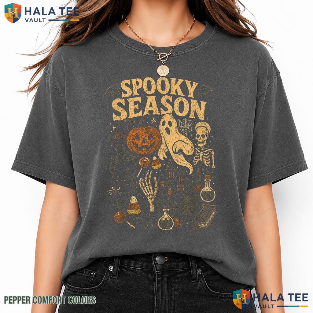 Vintage Spooky Season Ghost Comfort Colors T-Shirt Skeleton Pumpkin
