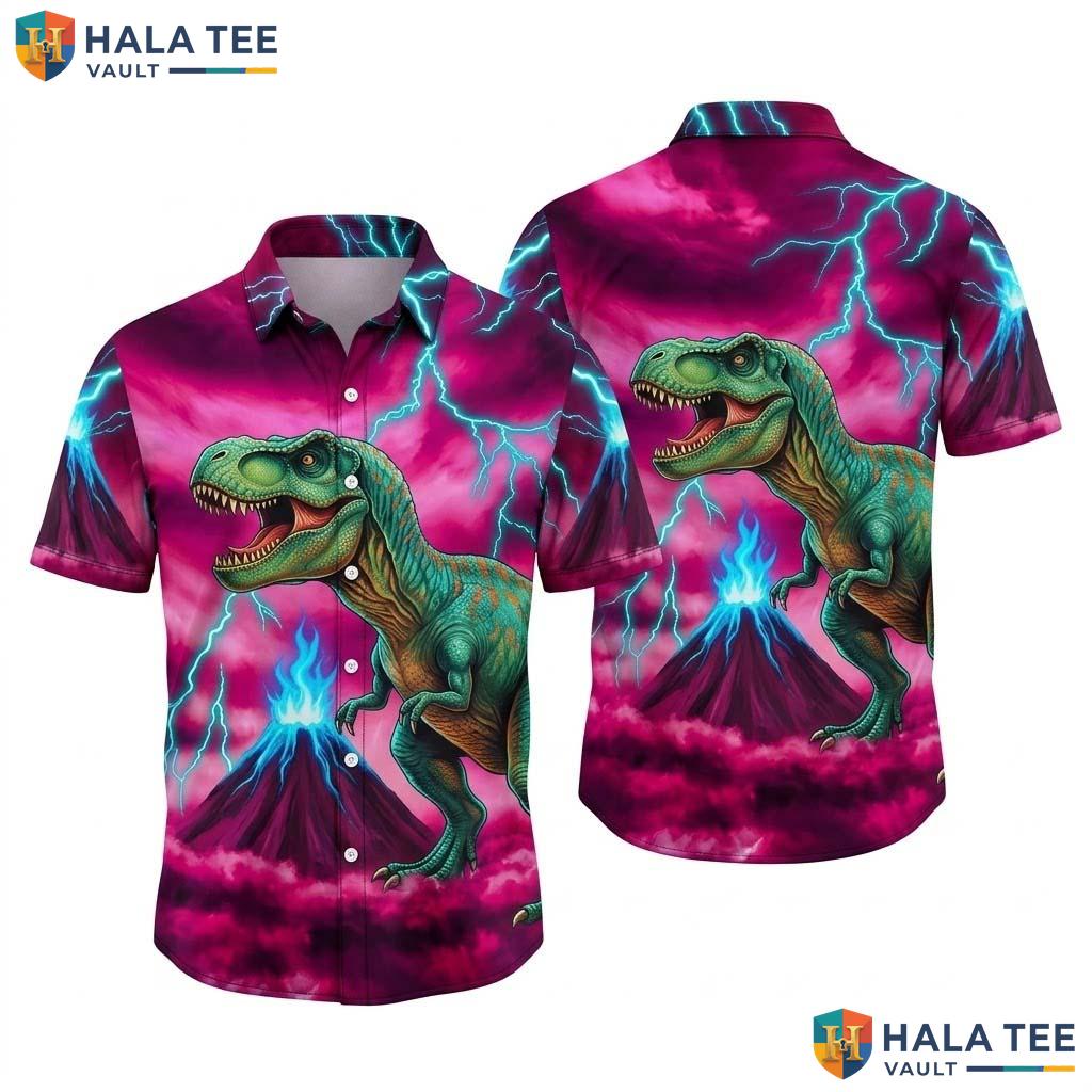 Vintage T Rex Hawaiian Shirt Purple Lightning Dinosaur Graphic Beach Apparel