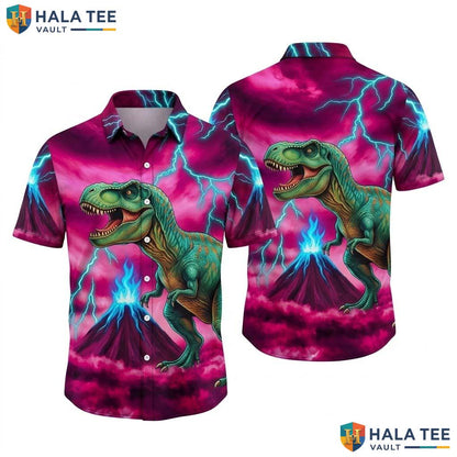 Vintage T Rex Hawaiian Shirt Purple Lightning Dinosaur Graphic Beach Apparel