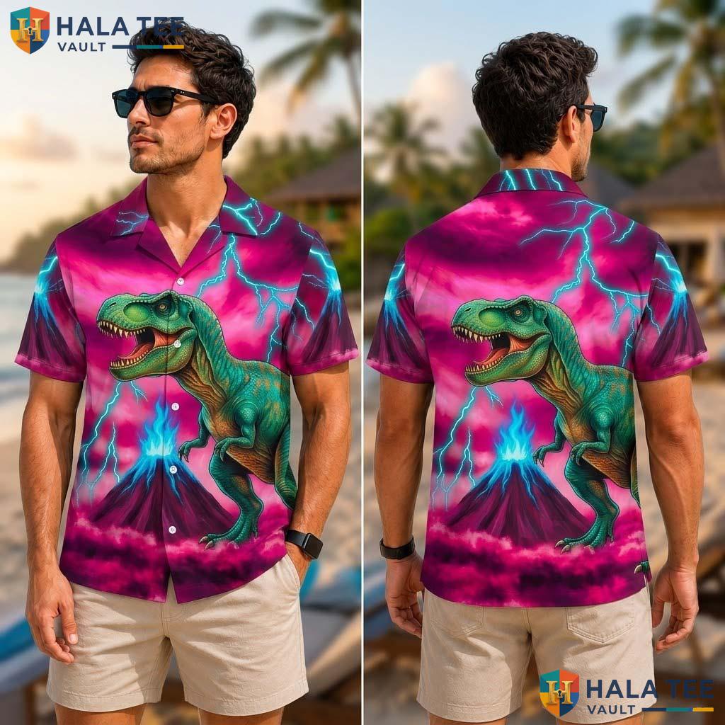 Vintage T Rex Tropical Shirt Purple Lightning Dinosaur Graphic Beach Apparel