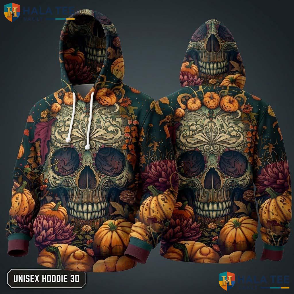 Vintage Trippy Floral Skull 3D Hoodie Skeleton Graphic Halloween Wear
