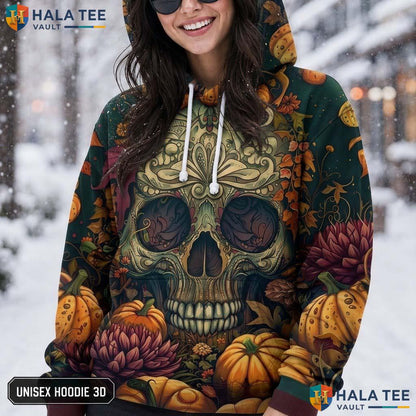 Vintage Trippy Floral Skull 3D Printed Hoodie Skeleton Graphic Halloween Wear