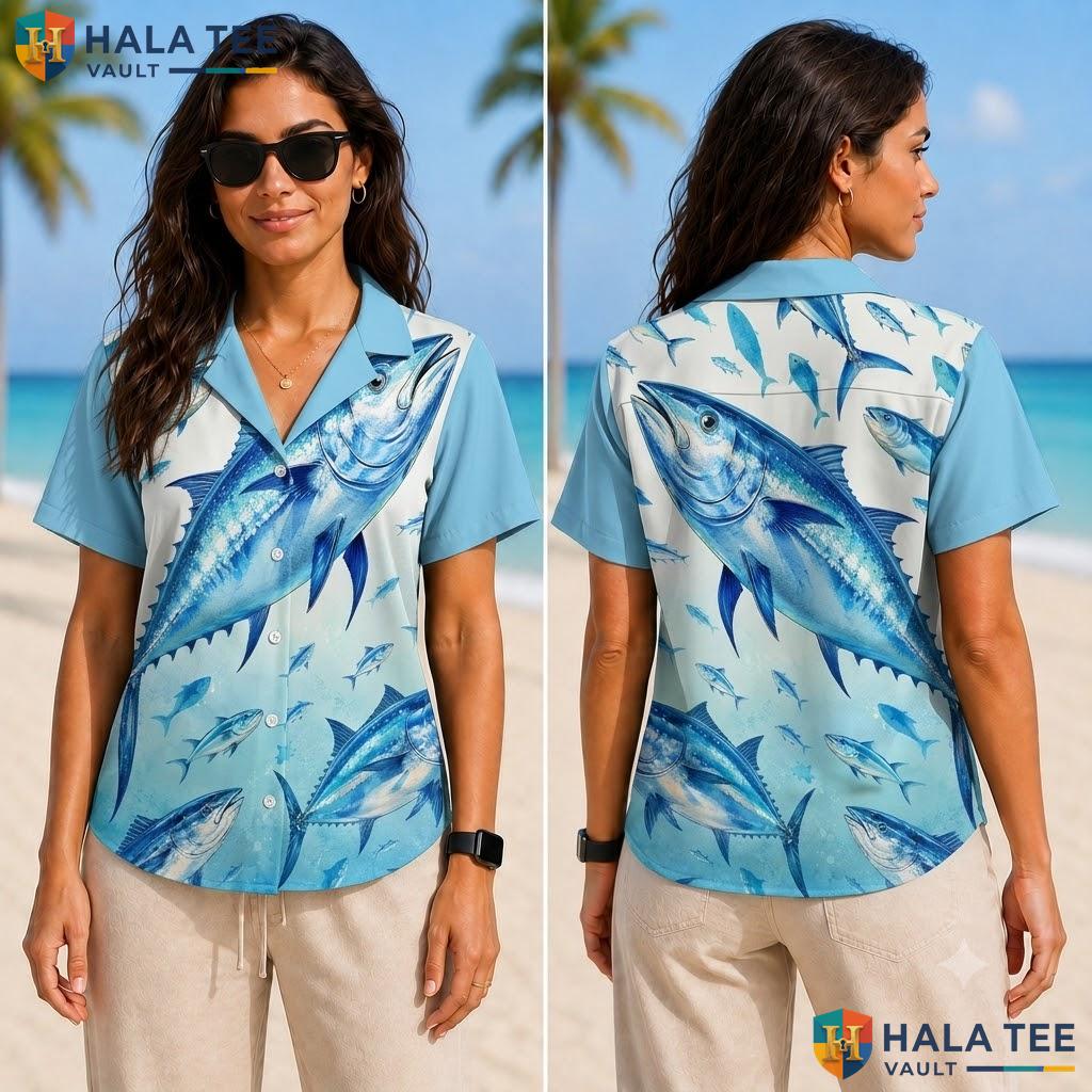 Vintage Tuna Fish Hawaiian Shirt Casual Summer Button Down Beach Outing
