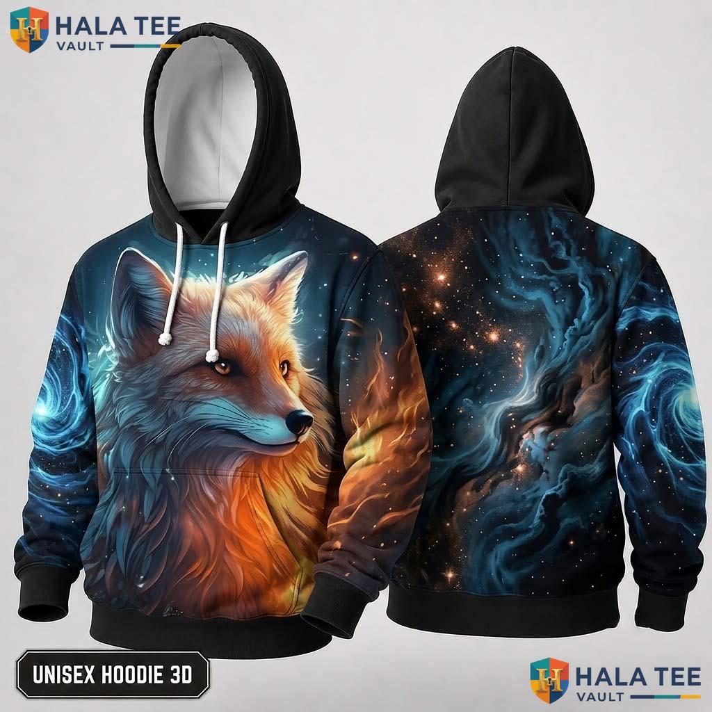 Vintage Vibrant Cosmic Fox 3D Hoodie Nature Lover Graphic Streetwear