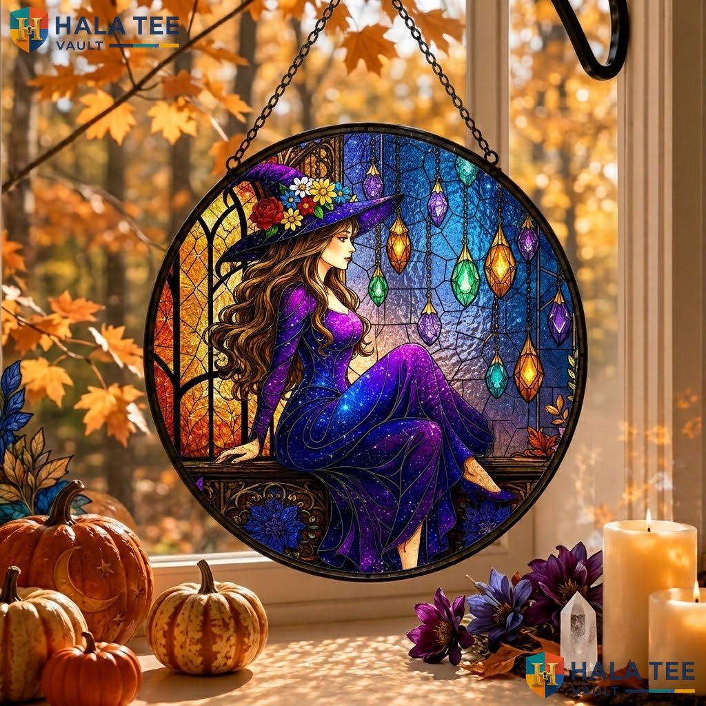 Vintage Witch Halloween Stained Glass Suncatcher Gothic Floral Spooky Window