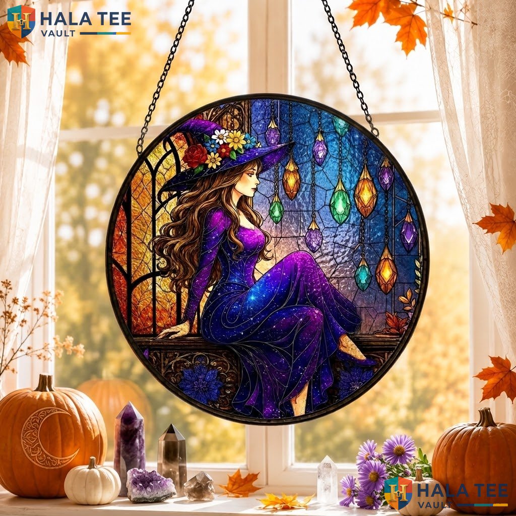 Vintage Witch Halloween Stained Glass Suncatcher Gothic Floral Spooky Window Adult