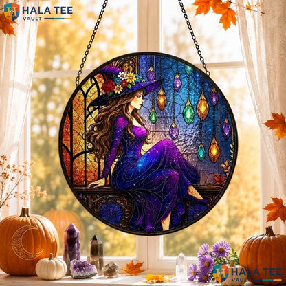 Vintage Witch Halloween Stained Glass Suncatcher Gothic Floral Spooky Window Adult