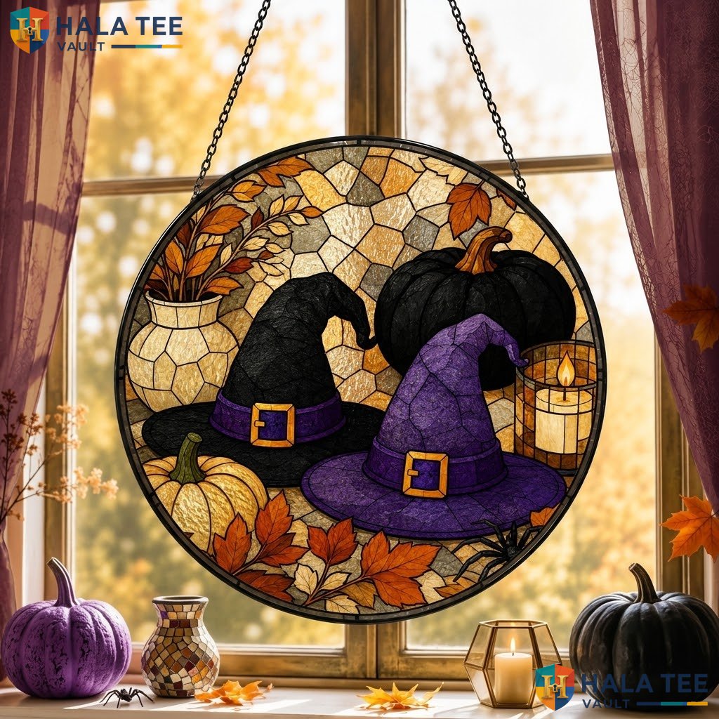 Vintage Witch Hat Halloween Stained Glass Suncatcher Autumn Pumpkin Decor Gift