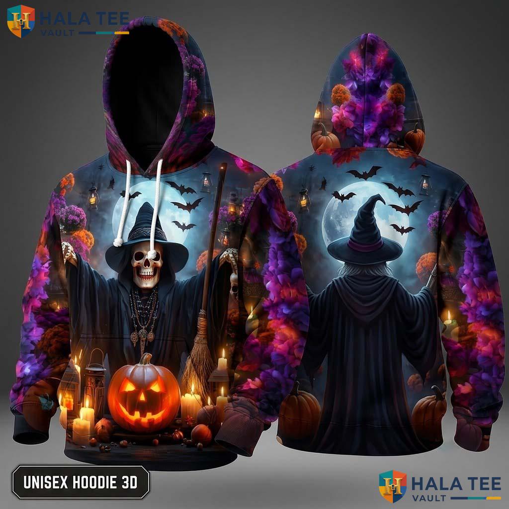 Vintage Witch Skull 3D Hoodie Spooky Graphic Halloween Sweatshirt Men