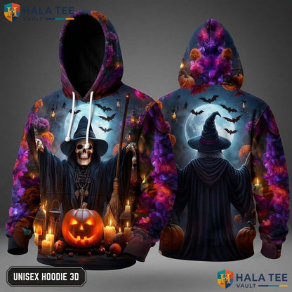 Vintage Witch Skull 3D Hoodie Spooky Graphic Halloween Sweatshirt Men