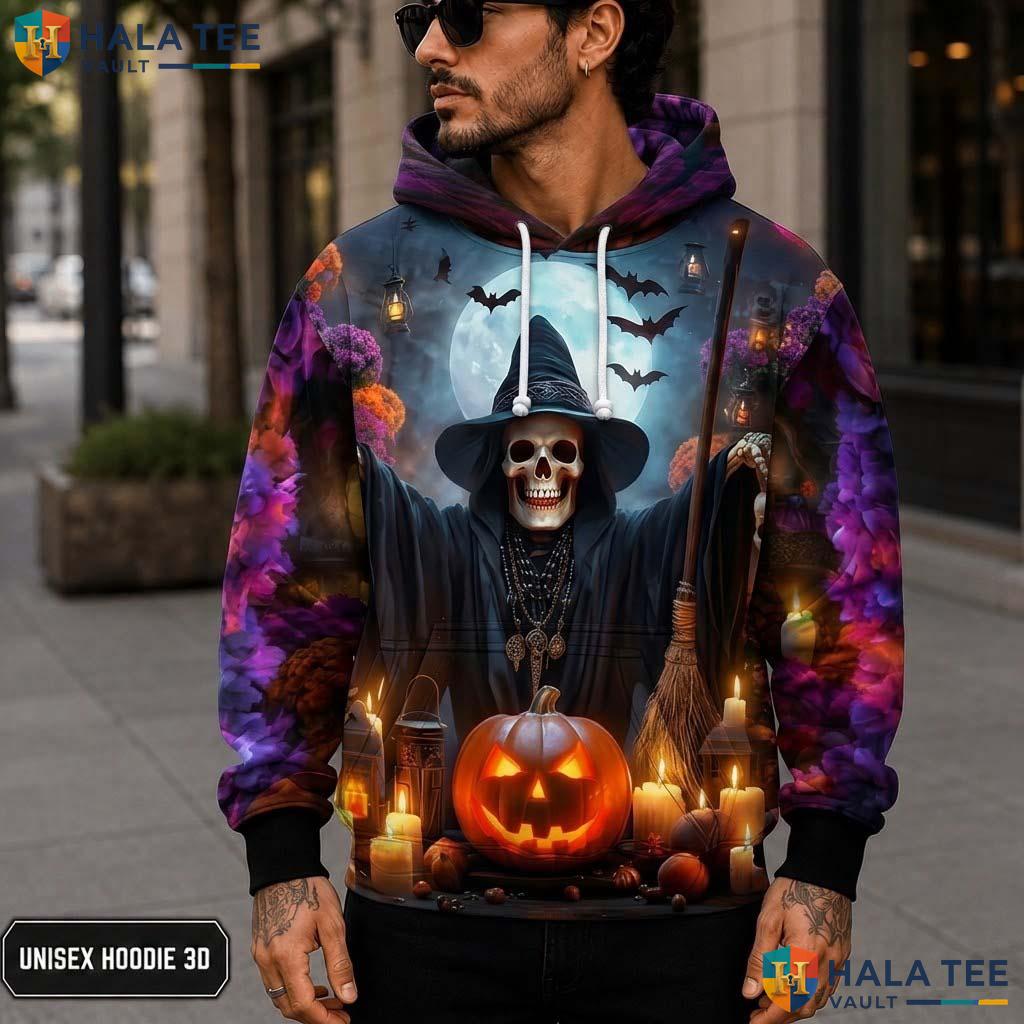 Vintage Witch Skull 3D Printed Hoodie Spooky Graphic Halloween Sweatshirt Men