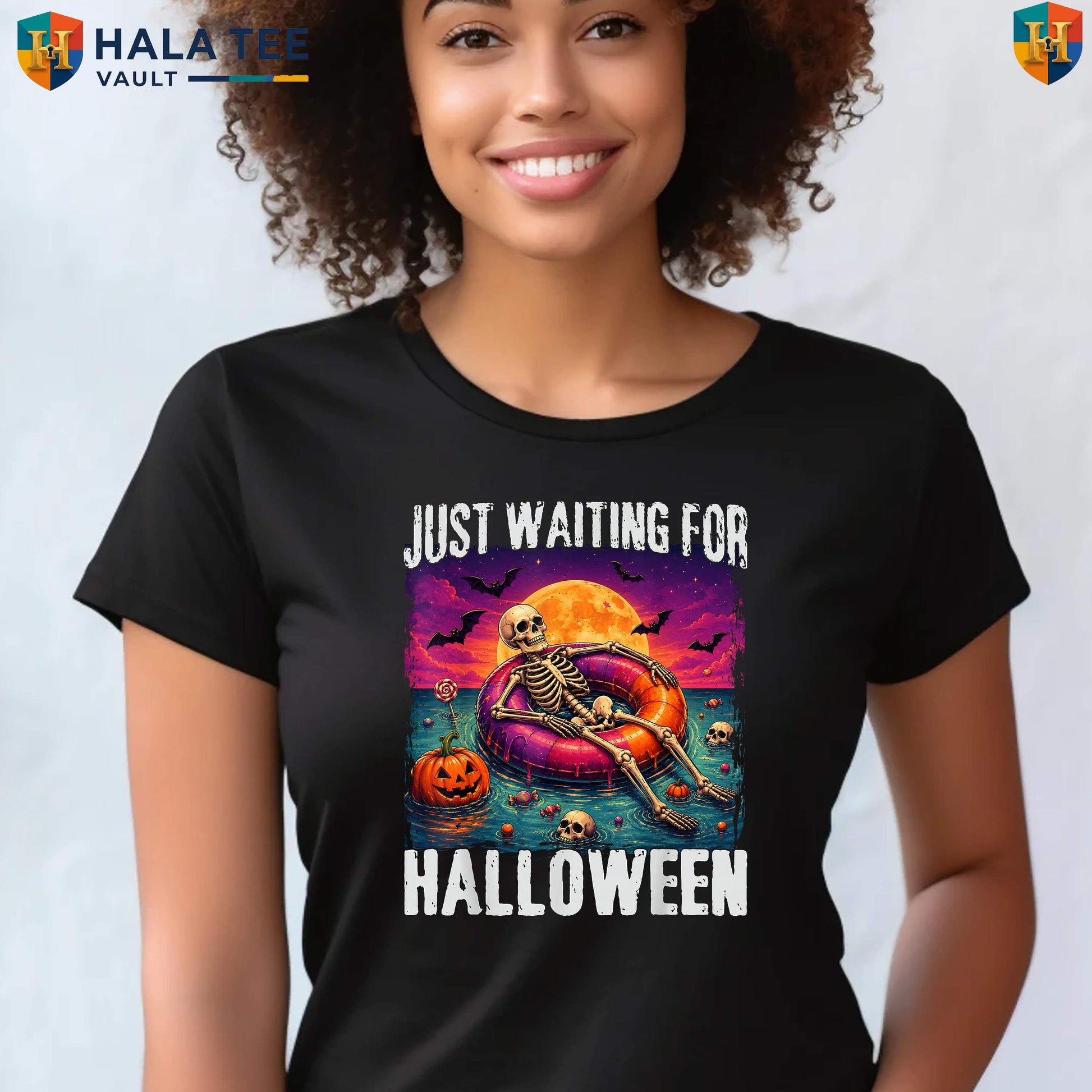 Waiting For Halloween Skeleton T-Shirt Just Summer Spooky Season Graphic Top