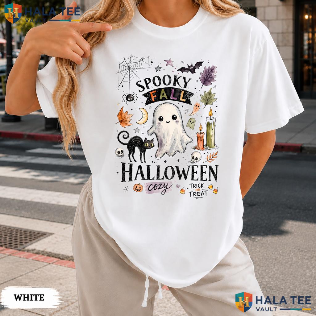 Watercolor Ghost Comfort Colors T Shirt Cute Spooky Black Cat Halloween Top
