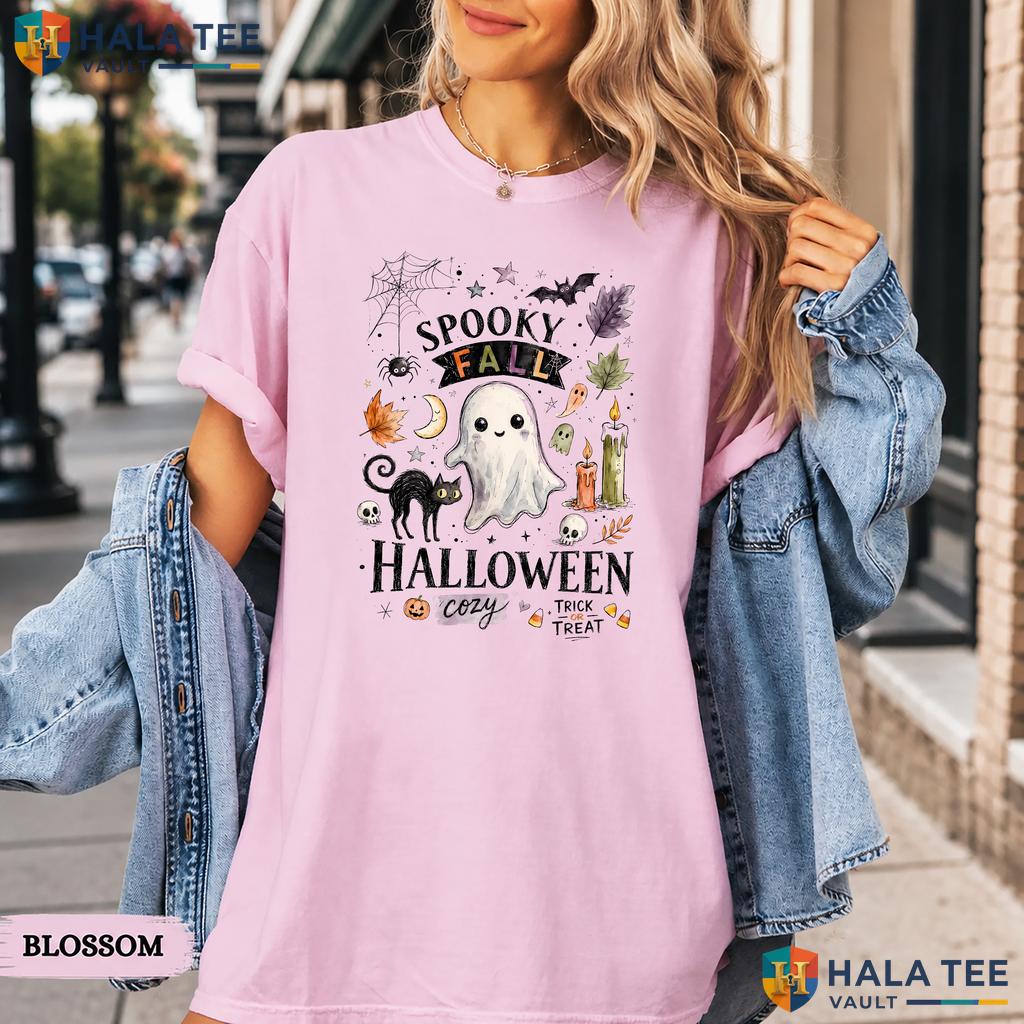 Watercolor Ghost Comfort Colors T Shirt Cute Spooky Black Cat Halloween Top Heavyweight Cotton T-Shirt