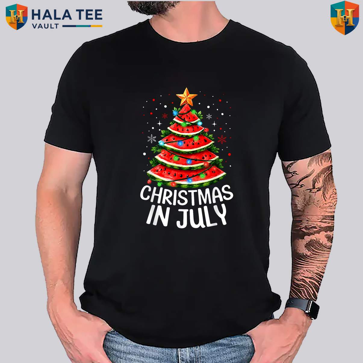 Watermelon Xmas Tree Summer Tee Shirt Funny Holiday Party Kids Graphic Apparel