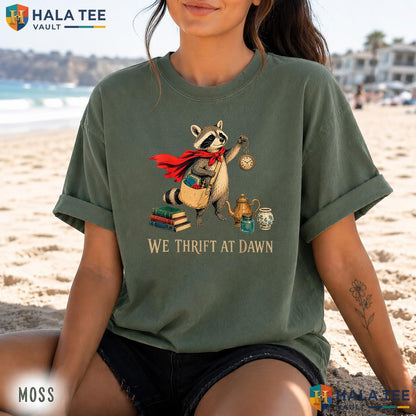 We Thrift At Dawn Raccoon Retro Style T-Shirt Medieval Thrifting Apparel