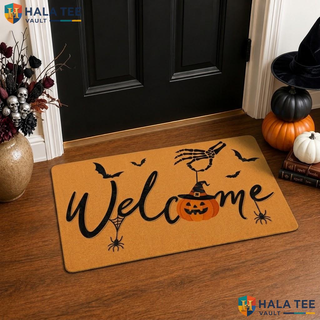 Welcome Pumpkin Halloween Front door mat Non Slip Ghost Spider Web Fall Entryway