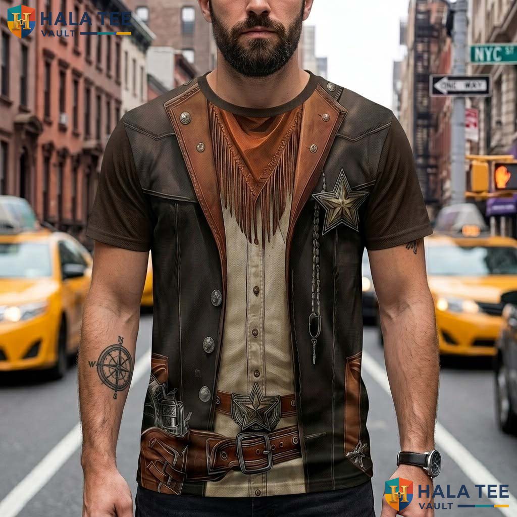 Western Cowboy Costume 3D Printed T-Shirt Mens Funny Halloween Cosplay Party Apparel
