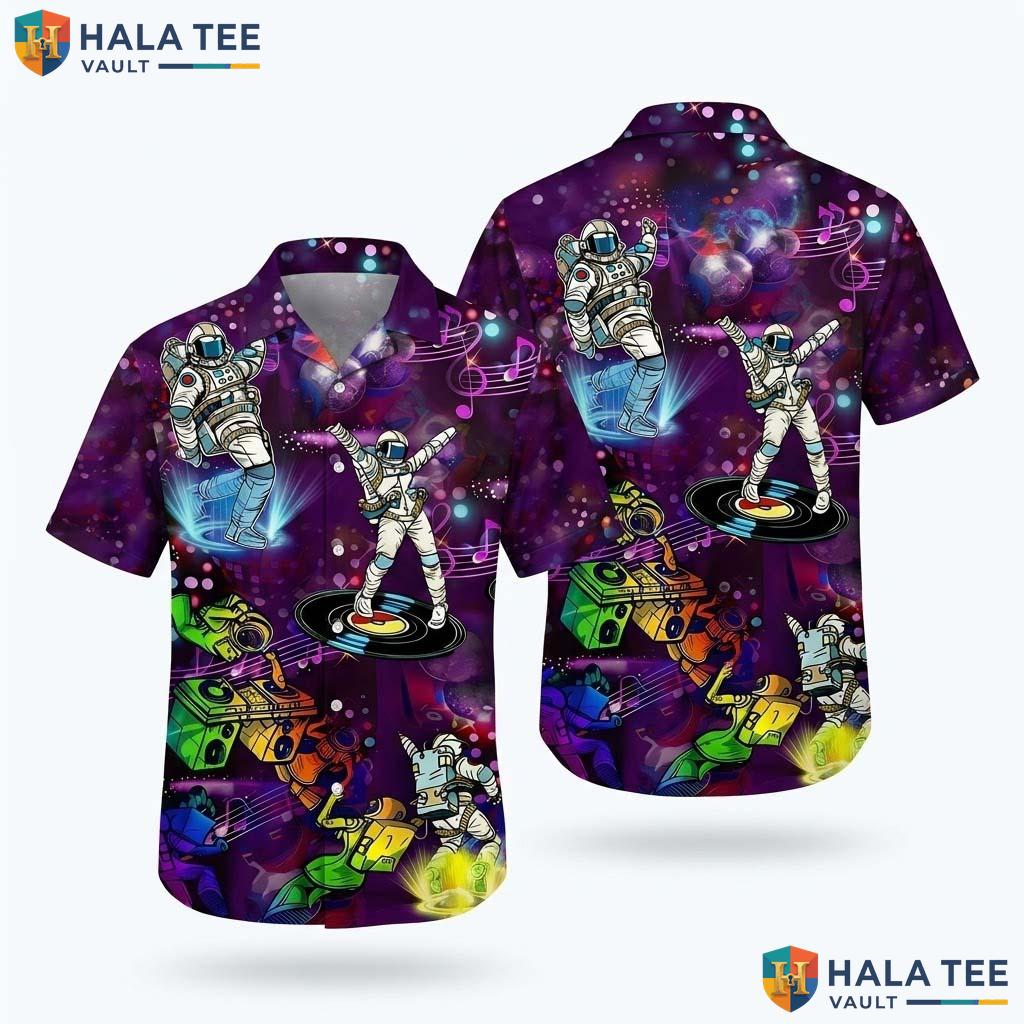 Whimsical Astronaut Dance Hawaiian Shirt Colorful Music Note Casual Button