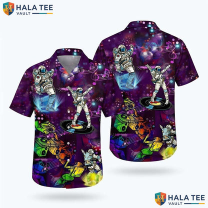 Whimsical Astronaut Dance Hawaiian Shirt Colorful Music Note Casual Button